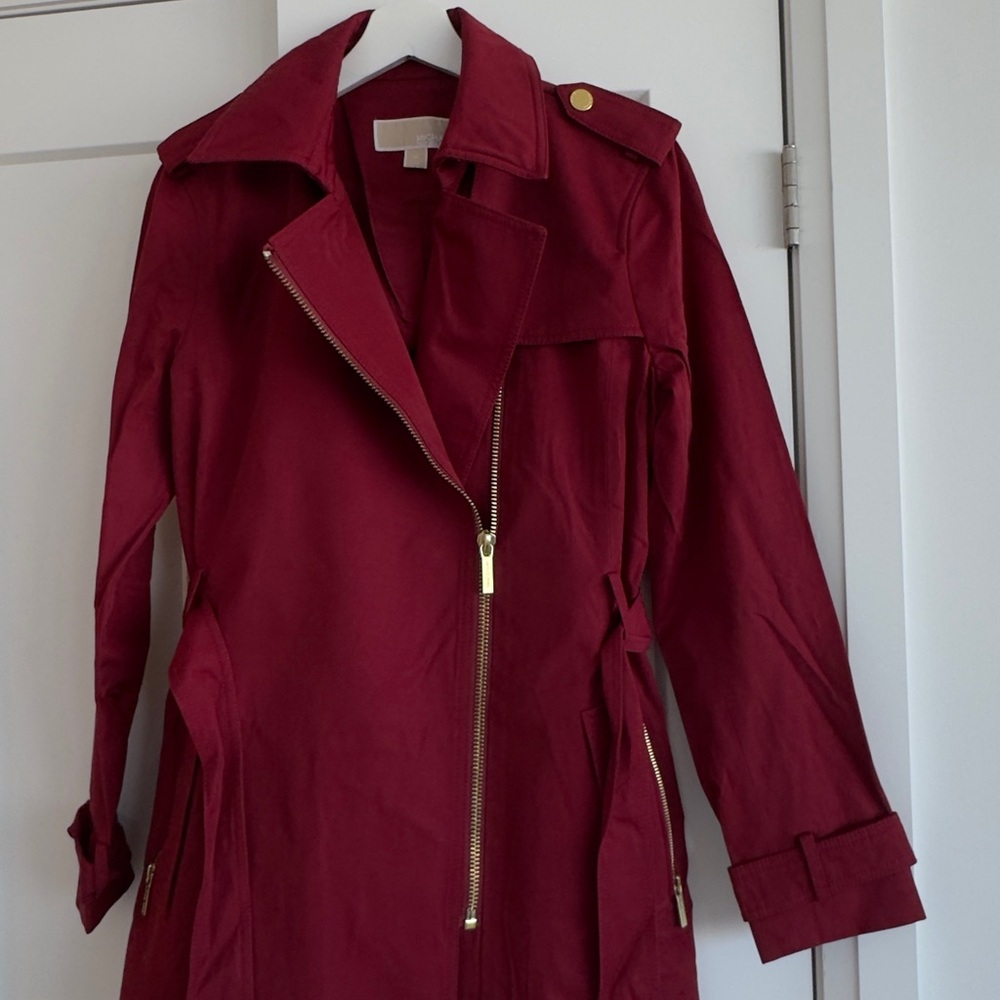 Michael Kors Burgundy Trench Coat with Gold Accents